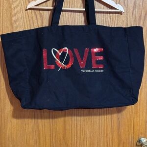 Victoria’s Secret‎ Tote Bag Valentines Sequined Love Weekender Canvas Black Red